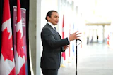 Manitoba Premier Wab Kinew talks to media as he arrives for a first ministers meeting in Ottawa, Jan. 15, 2025.