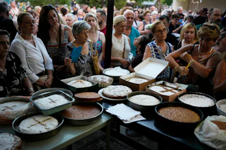 Pilgrims wait in line to have their Fanouropites blessed at the Church of St. Fanourios, Athens, Aug. 26, 2026.
