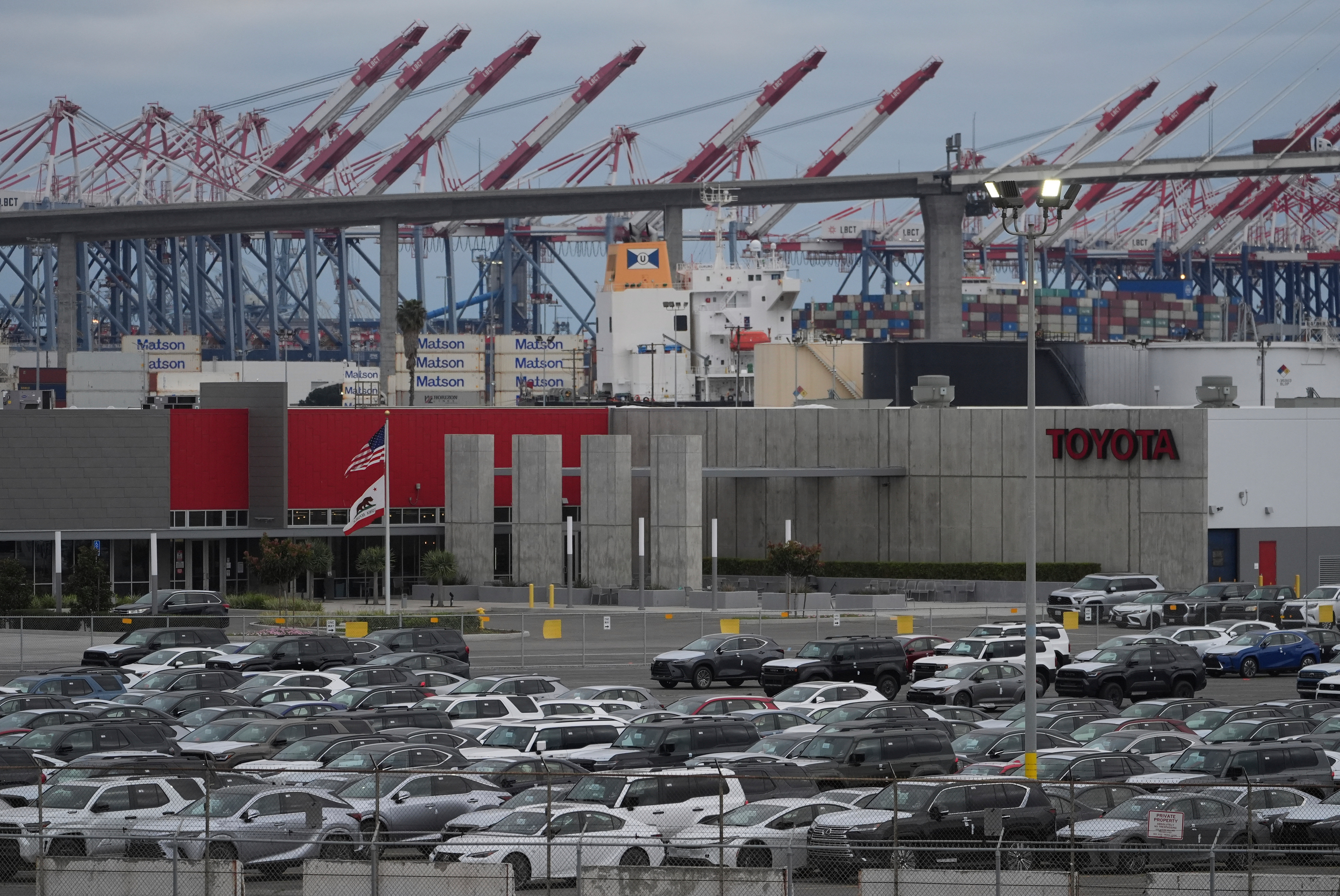New Toyota vehicles at the Toyota Logistics Service, Long Beach, Calif., March 26, 2025.