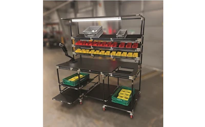Industrial mobile workstation with tiered shelving, red and yellow storage bins, and green containers on lower shelves