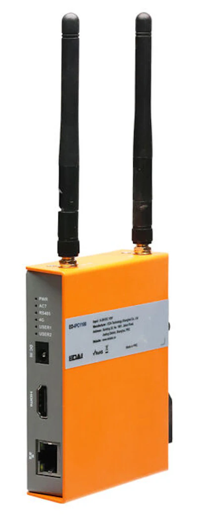 Orange and gray industrial networking device with dual black antennas and connectivity ports