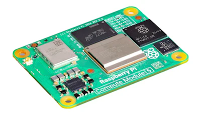 Raspberry Pi Compute Module 5 circuit board with green PCB, integrated processors, and gold mounting holes