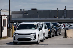 Chrysler Pacificas are driven off the lot at Windsor Assembly Plant in Windsor, Ontario, Canada, on Monday, Aug. 24, 2026.
