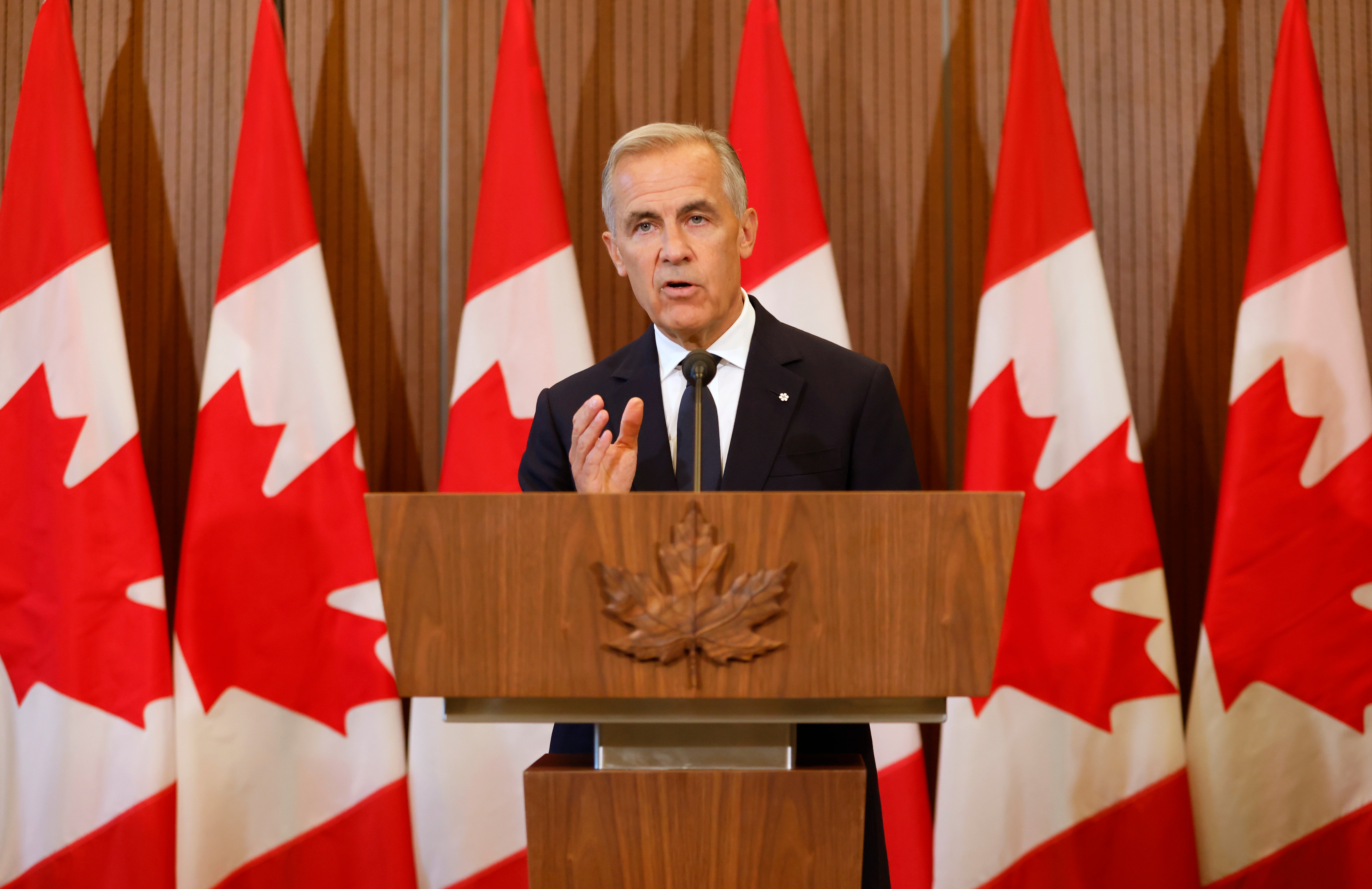 Prime Minister Mark Carney at a news conference on Parliament Hill in Ottawa, Aug. 22, 2026.