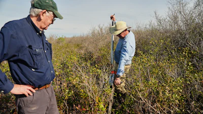 Neal Flanagan, right, a research scientist at Duke University, uses a tool to take a soil sample from a peatland as Curt Richardson, an ecology professor at Duke, observes, May 6, 2026, Belhaven, N.C.