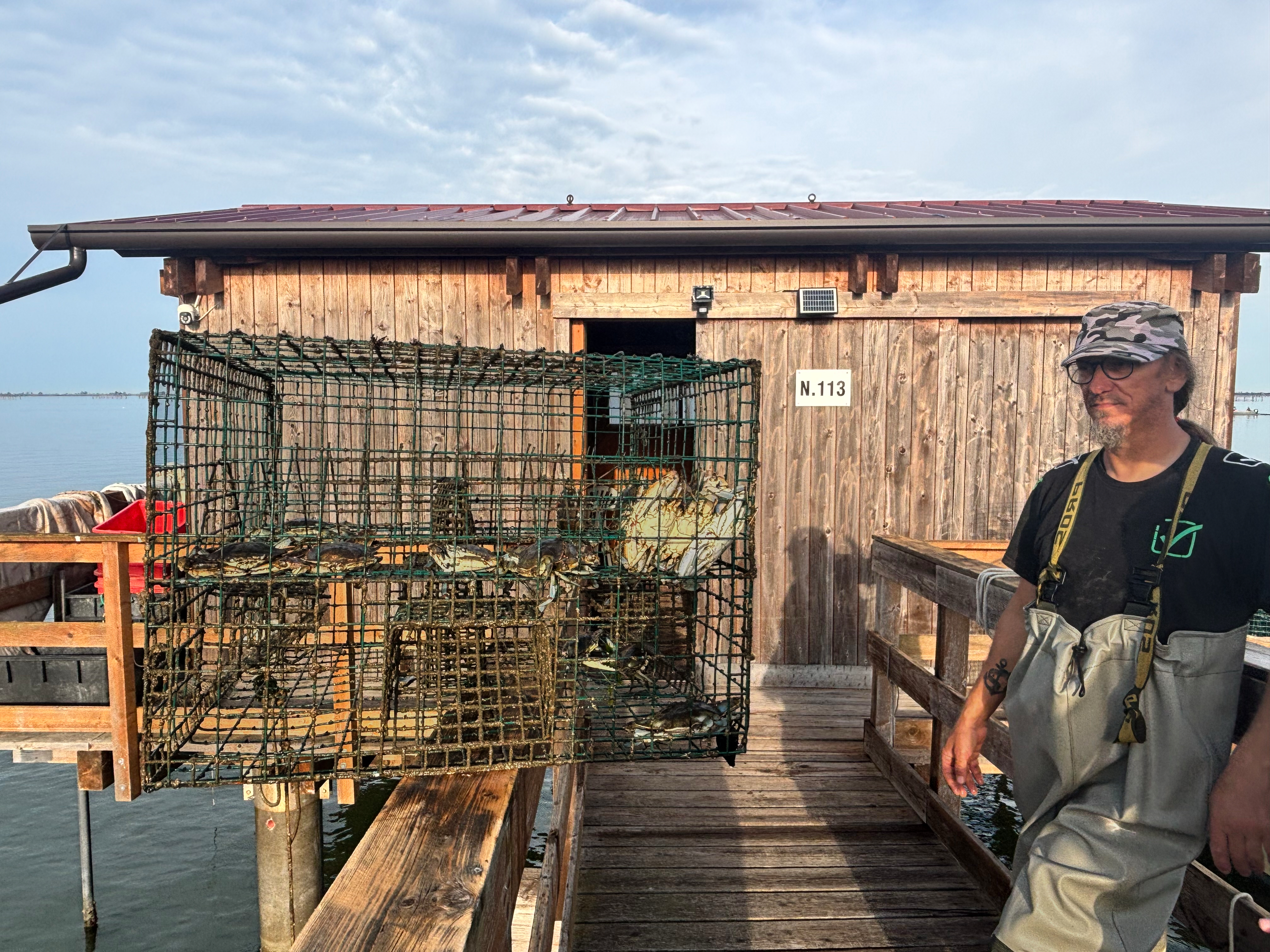 Fisherman Federico Zago poses next to a trap containing blue crabs at his fishing cabin over the Scardovari Lagoon in Italy's Po River Delta, Aug. 21, 2026.