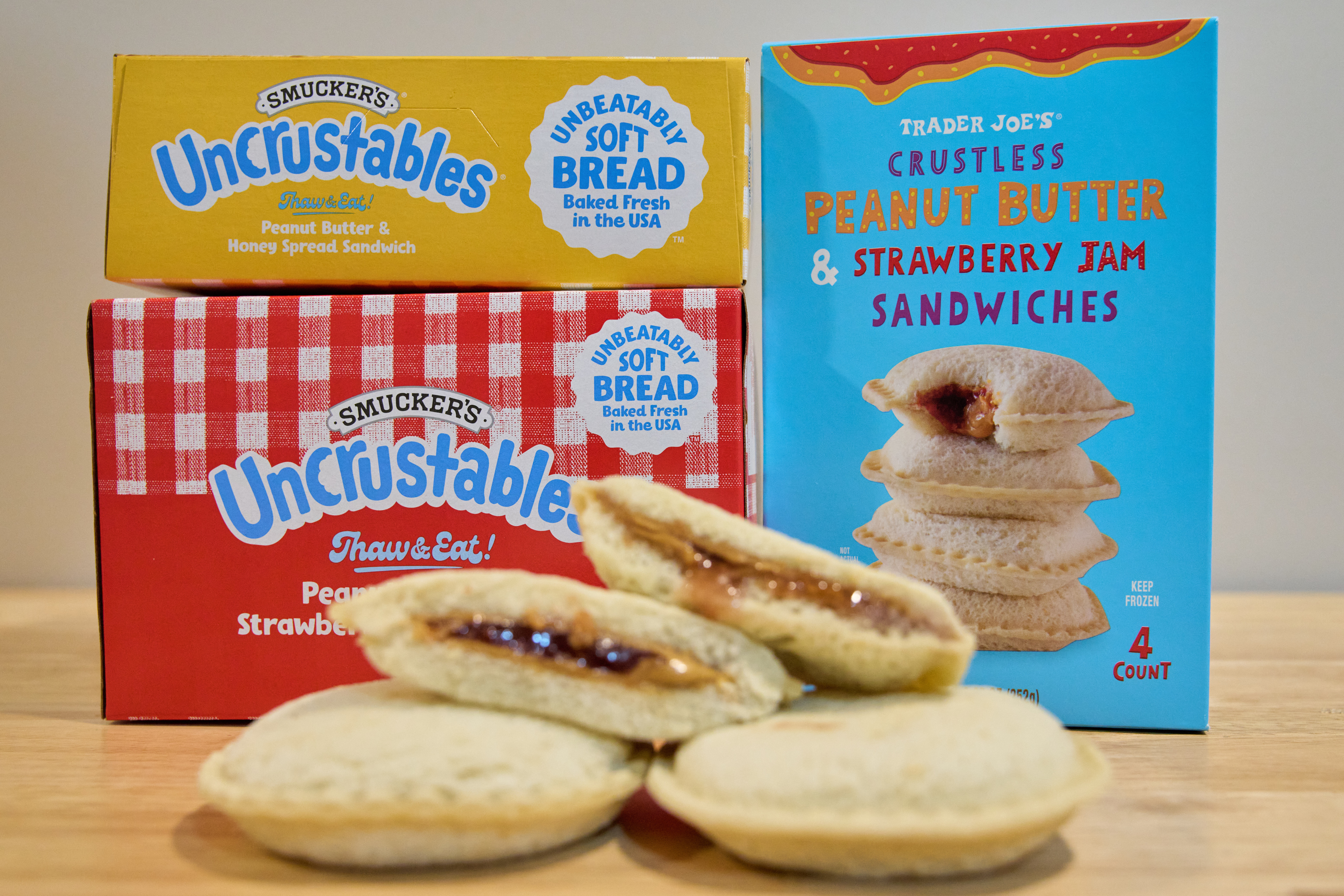 Crust-less sandwiches from Smucker's and Trader Joe's are displayed in Detroit, Oct. 15, 2025.