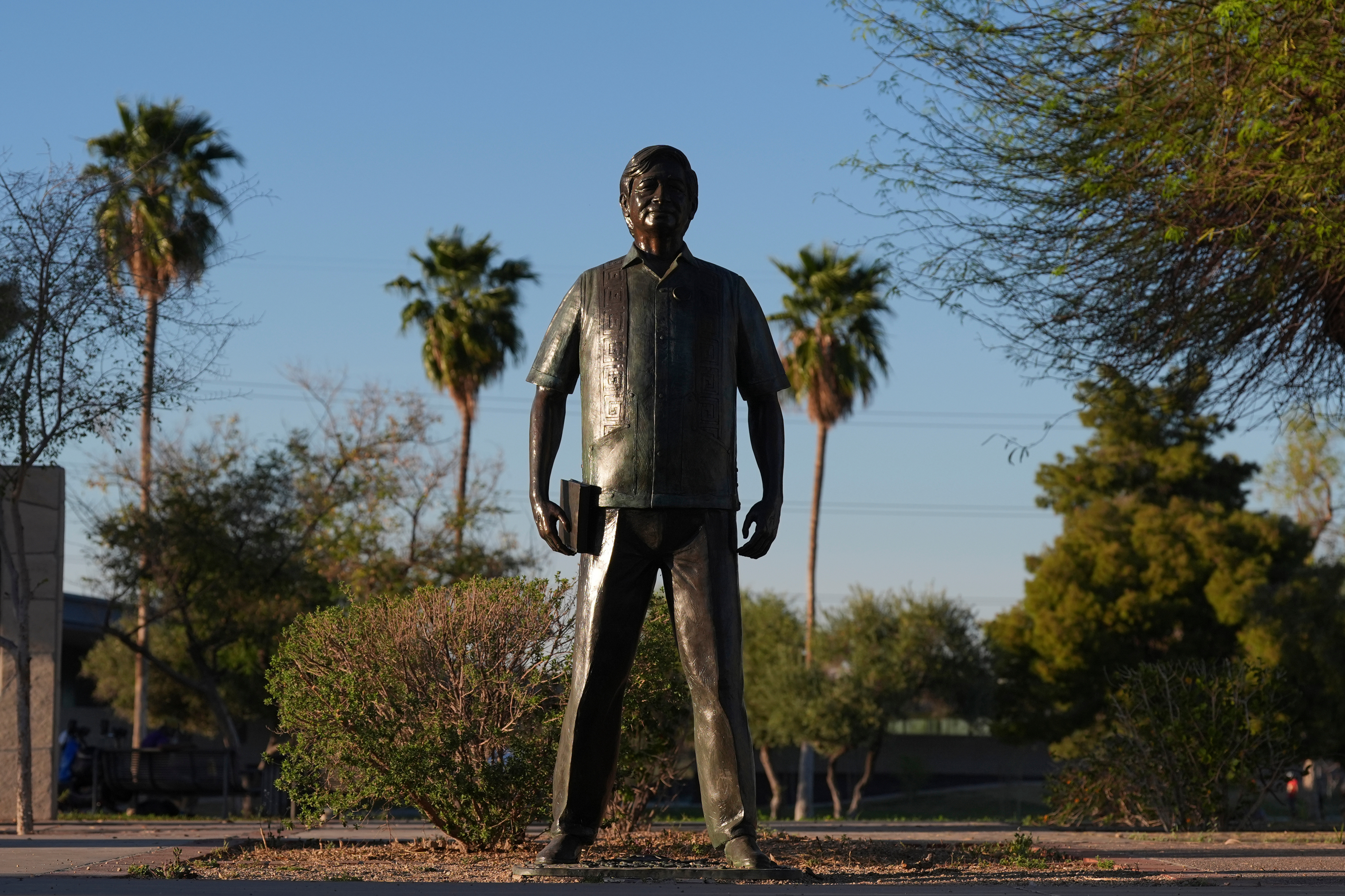 A statute of César Chavez in Cesar Chavez Park, Laveen, Ariz., March 18, 2026.