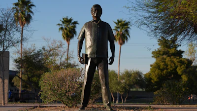 A statute of César Chavez in Cesar Chavez Park, Laveen, Ariz., March 18, 2026.
