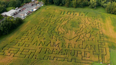 A portrait of Dolly Parton fills a 5-acre corn maze at Twins BBQ Co. in Brookfield, Conn., Sept. 13, 2026.