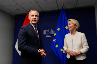 Canadian Prime Minister Mark Carney, left, and European Commission President Ursula von der Leyen during a bilateral meeting at the European Parliament in Strasbourg, France, Sept. 16, 2026.
