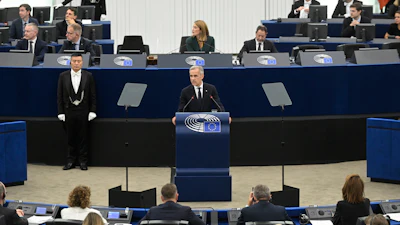Canada's Prime Minister Mark Carney delivers a speech at the European Parliament, Strasbourg, France, Sept 17, 2026.
