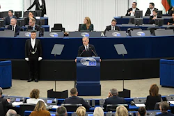 Canada's Prime Minister Mark Carney delivers a speech at the European Parliament, Strasbourg, France, Sept 17, 2026.