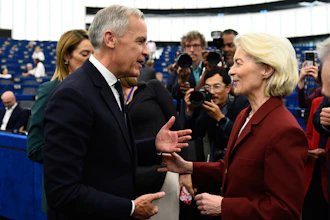 Canada Prime Minister Mark Carney speaks with European Commission President Ursula von der Leyen at the European Parliament in Strasbourg, France, Sept 17, 2026.