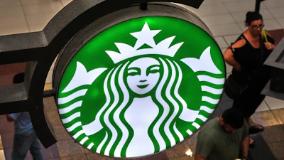 A Starbucks sign in the Galleria Mall in Buffalo, N.Y., Aug. 26, 2026.