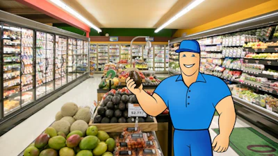 Friendly grocery store worker in blue uniform smiling in supermarket aisle with refrigerated cases and fresh produce displays
