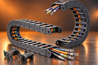 Industrial cable management system with multi-colored wires in flexible drag chain housings against warm orange background
