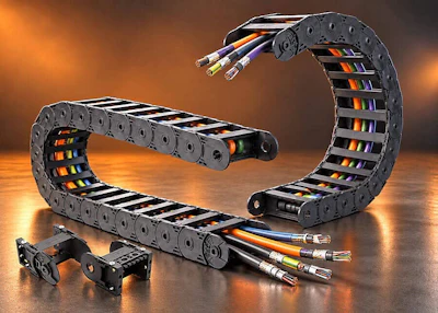 Industrial cable management system with multi-colored wires in flexible drag chain housings against warm orange background