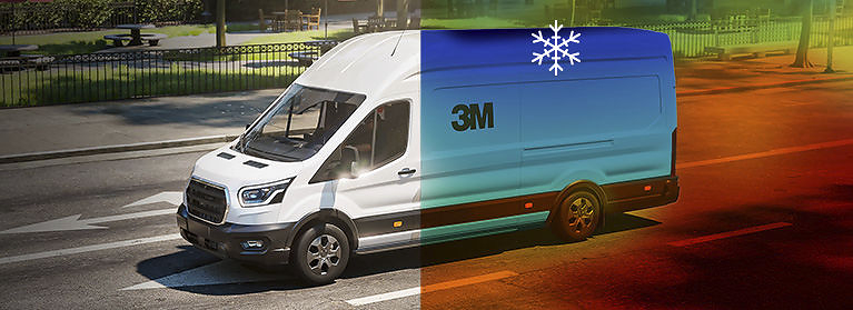 3M branded delivery van with split temperature-themed wrap showing winter and summer conditions