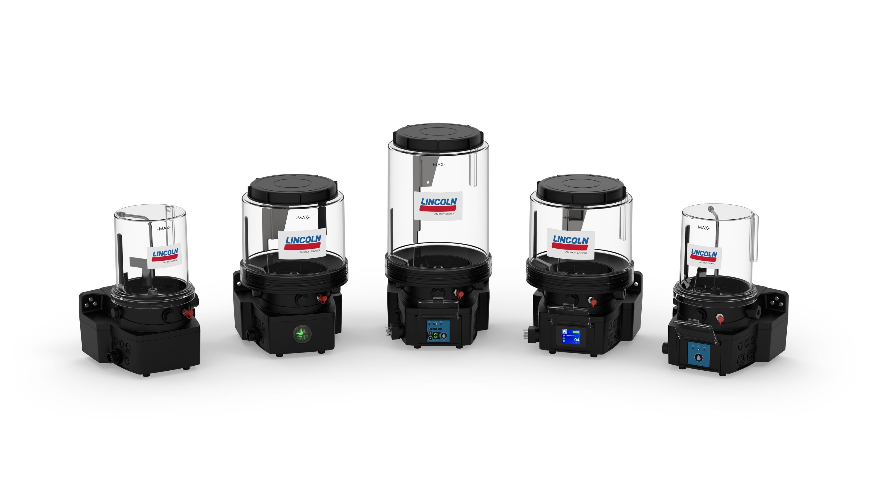 Five Lincoln commercial blenders in varying sizes arranged in a row with black bases and clear containers