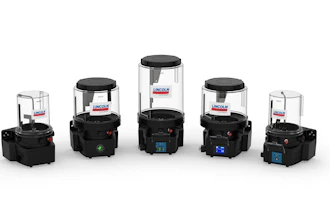 Five Lincoln commercial blenders in varying sizes arranged in a row with black bases and clear containers