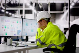 Construction worker in safety gear analyzing data charts on computer monitor in industrial facility