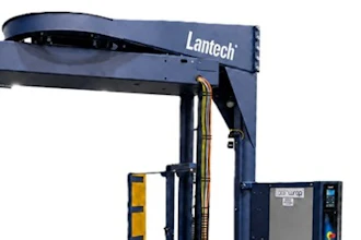 Lantech industrial stretch wrap machine with navy blue frame, yellow safety guards, and control panel
