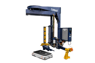 Lantech industrial stretch wrap machine with navy blue frame, yellow safety guards, and control panel