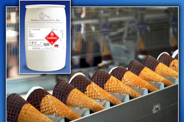 Madison Chemical Co. ICY CLEAN XX industrial cleaning product drum with hazard label displayed above food production conveyor line with waffle cones