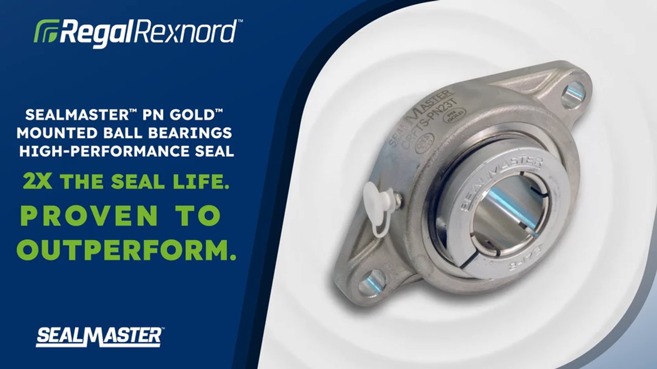 SealMaster PN Gold mounted ball bearing with high-performance seal offering 2x seal life, displayed on white background with Regal Rexnord branding