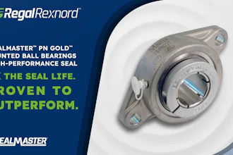 SealMaster PN Gold mounted ball bearing with high-performance seal offering 2x seal life, displayed on white background with Regal Rexnord branding