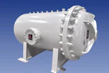 White industrial pressure vessel with bolted end caps and mounting brackets against blue background