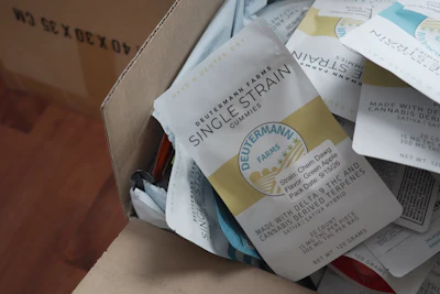 Deetermann Farms single strain cannabis gummies packaging in cardboard box with product labels and information