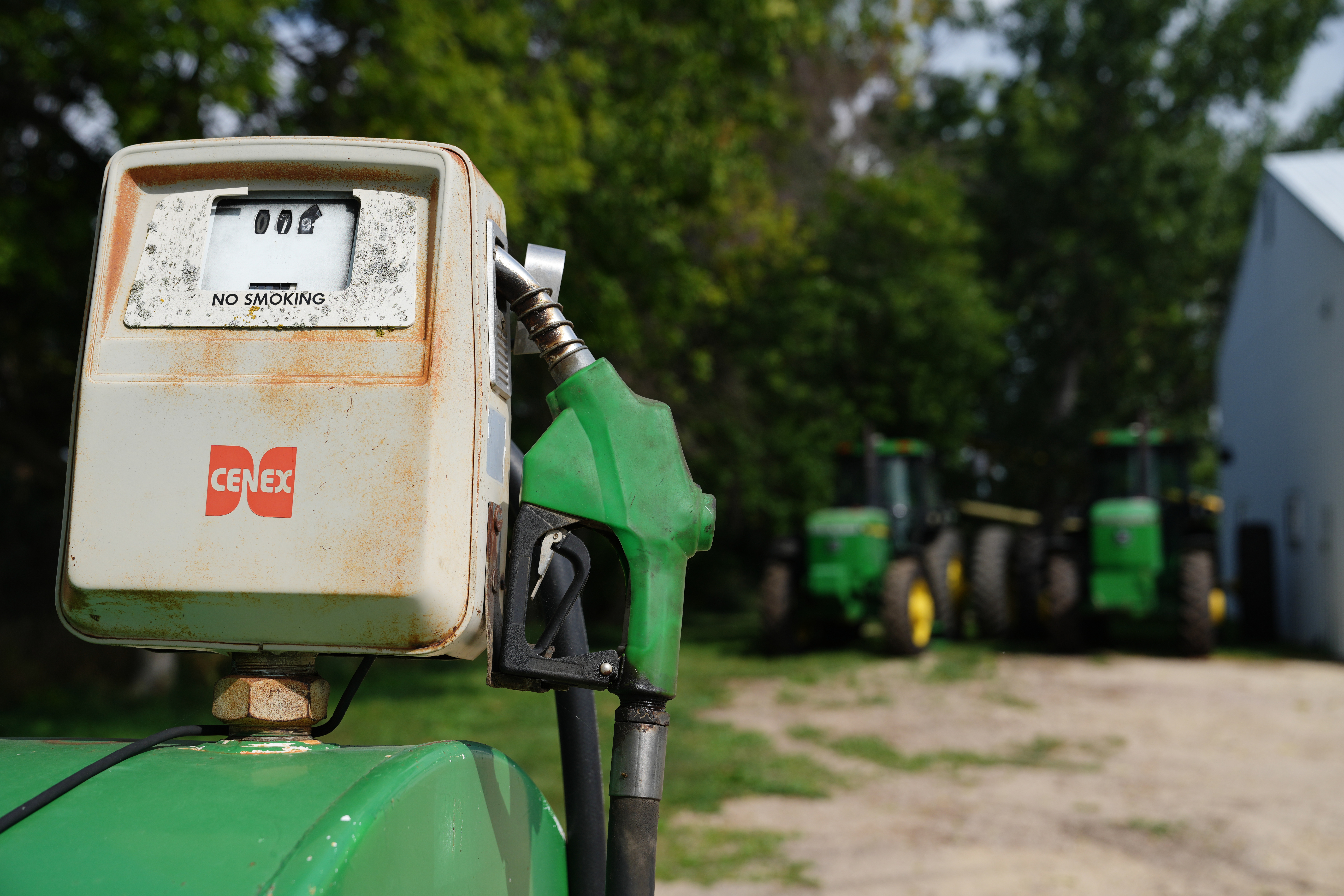 A diesel fuel tank is seen on a corn and soybean farm, Aug. 26, 2026, Northfield, Minn.