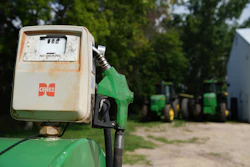 A diesel fuel tank is seen on a corn and soybean farm, Aug. 26, 2026, Northfield, Minn.