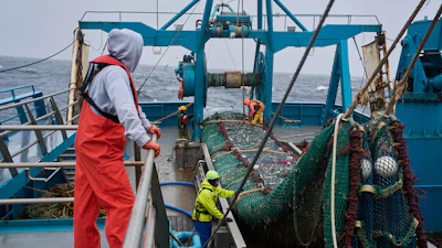 Crew members haul in a catch aboard the F/V Progress in the Bering Sea off the coast of Alaska, July 22, 2026.