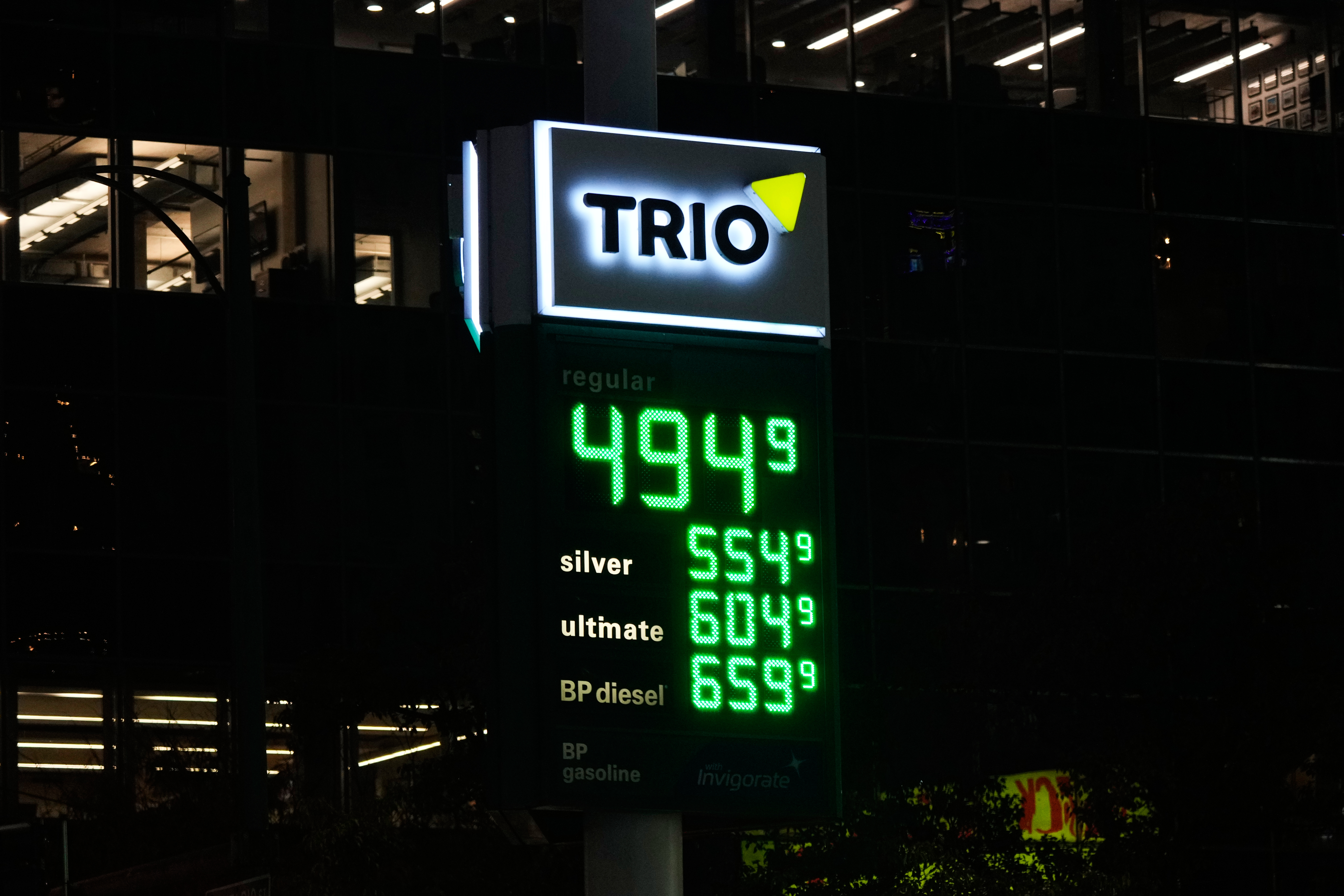 Gas prices are shown at a station in Chicago, Oct. 14, 2026.