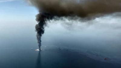 A large plume of smoke rises from BP's Deepwater Horizon offshore oil rig in the Gulf of Mexico on April 21, 2010.