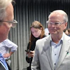 Democratic Senate nominee Adam Hamilton, right, speaks with Curtis Sneden, president and CEO of the Metropolitan Topeka Airport Authority, Oct. 16, 2026, Topeka, Kan.