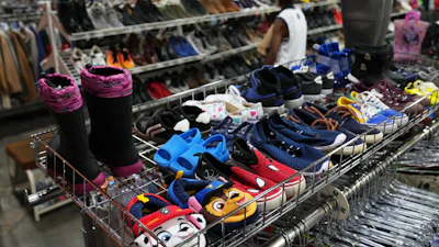 The children's shoe section is seen at a Goodwill store in Roseville, Minn., Aug. 12, 2026.