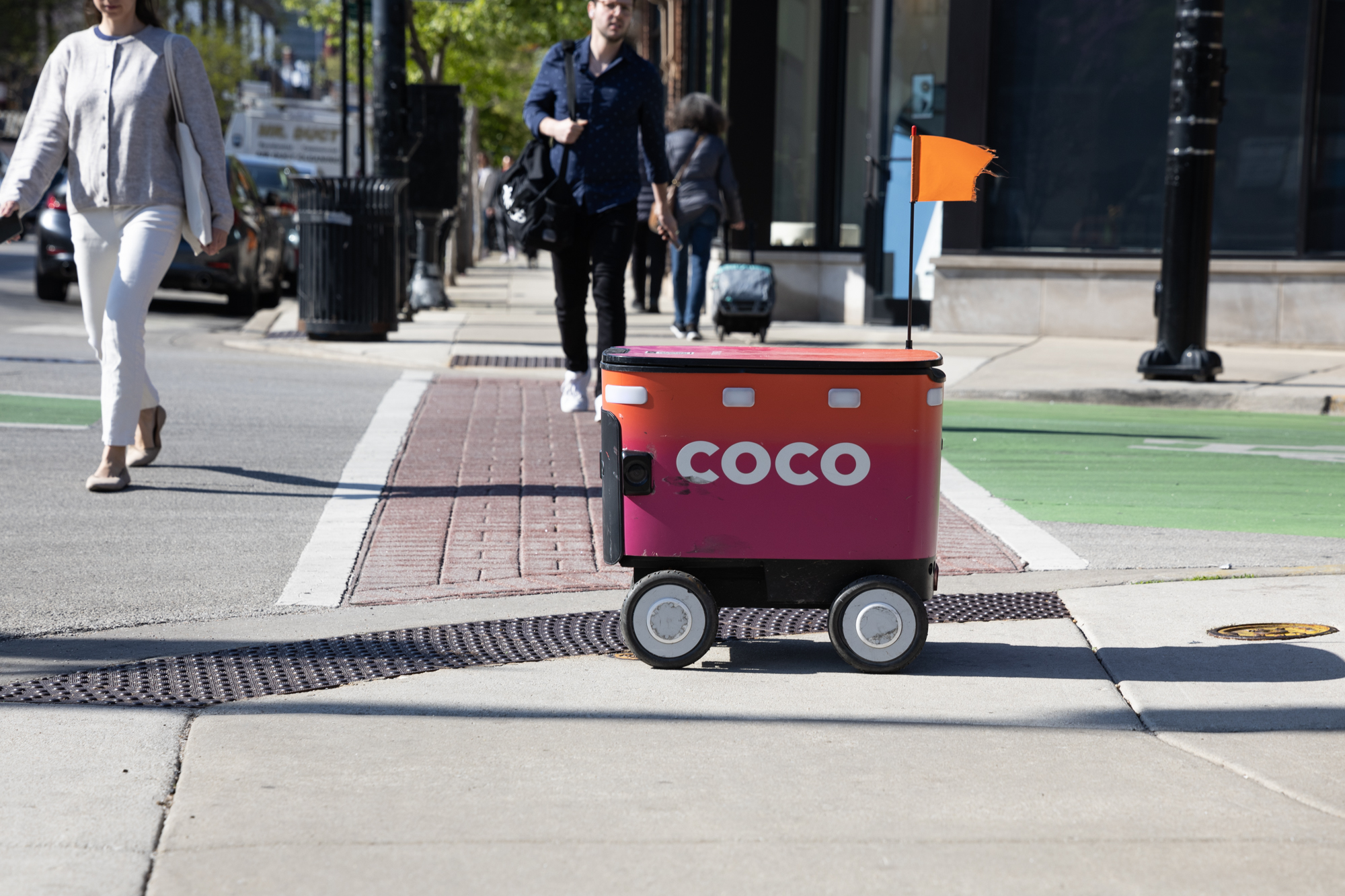 A Coco Delivery Robot in Chicago’s Lakeview neighborhood, April 22, 2026.