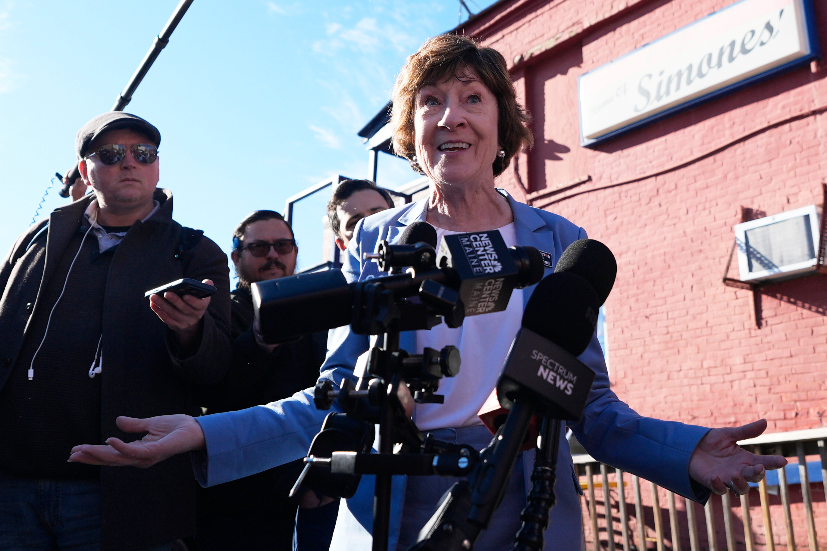 Sen. Susan Collins, R-Maine, speaks to reporters following a campaign stop in Lewiston, Oct. 21, 2026.
