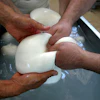 Buffalo mozzarella cheese is prepared at a dairy in Caserta, Italy, 2006.