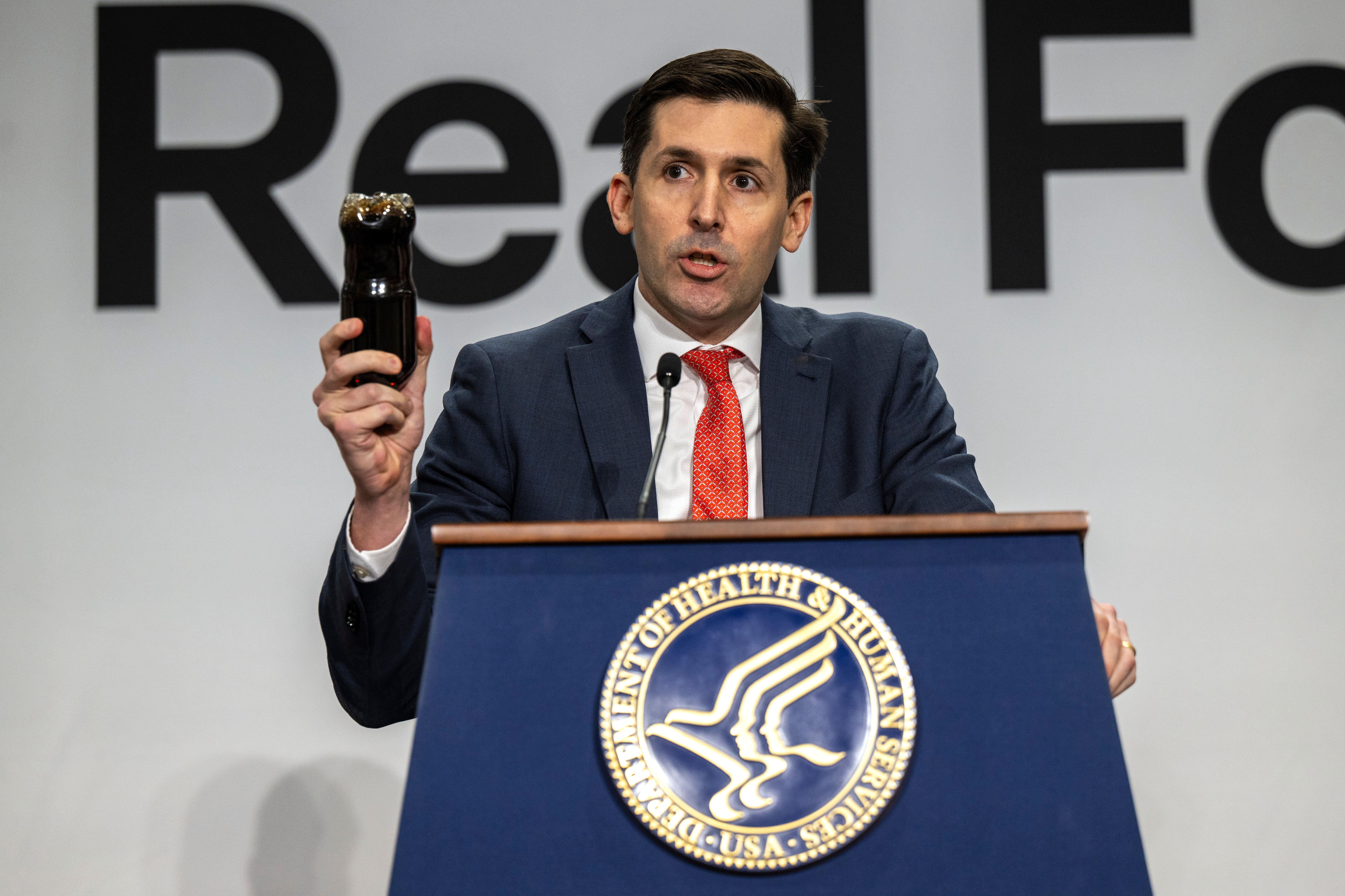 Calley Means, senior advisor for the U.S. Department of Health and Human Services, delivers remarks at HHS Headquarters in Washington, Feb. 11, 2026.