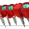 Five red temperature transmitter sensors with green display indicators mounted on a metal plate