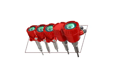 Five red temperature transmitter sensors with green display indicators mounted on a metal plate