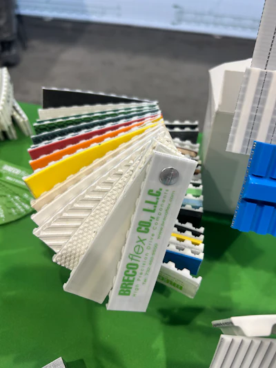 Bioflex material samples display showing multiple colored strips fanned out on green surface