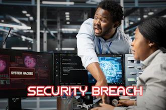 Two cybersecurity professionals monitoring computer screens displaying system hacked alerts and code in a data center environment
