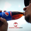 Man drinking from a Pepsi bottle against a cloudy sky with Manufacturing Now branding