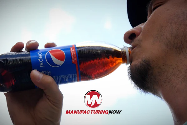 Man drinking from a Pepsi bottle against a cloudy sky with Manufacturing Now branding